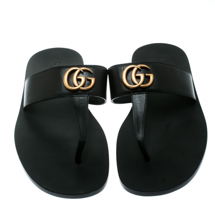 Pre Owned Gucci Black Leather GG Thong Slipper Sandals Size 42 