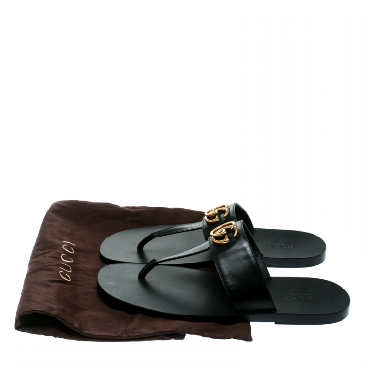 Pre Owned Gucci Black Leather GG Thong Slipper Sandals Size 42 