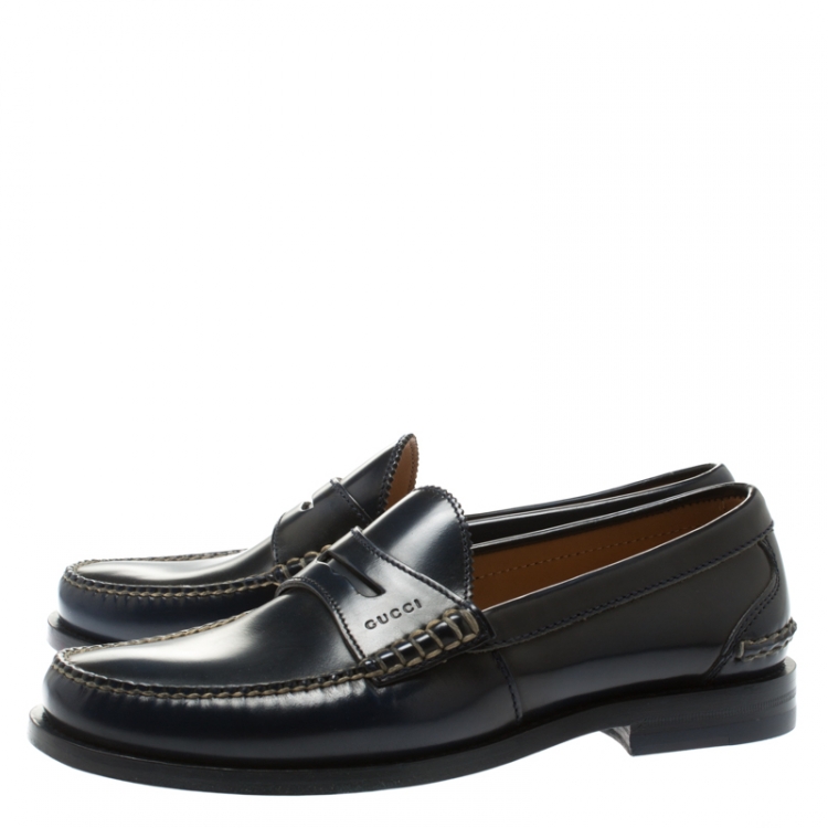 Pre Owned Gucci Blue Polished Leather Penny Loafers Size 41