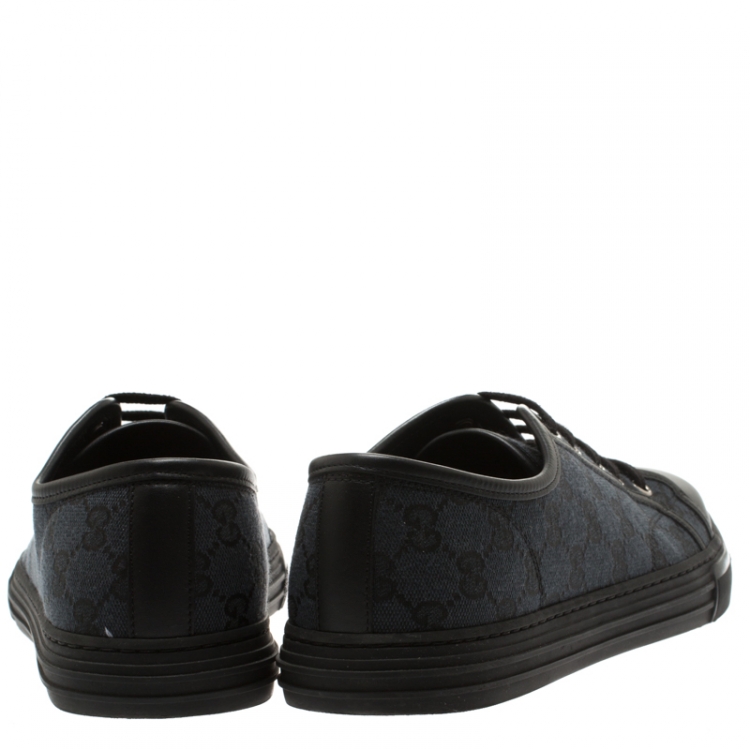 Pre Owned Gucci Black Leather And Guccissima Canvas Low Top Lace Up Sneakers Size 42