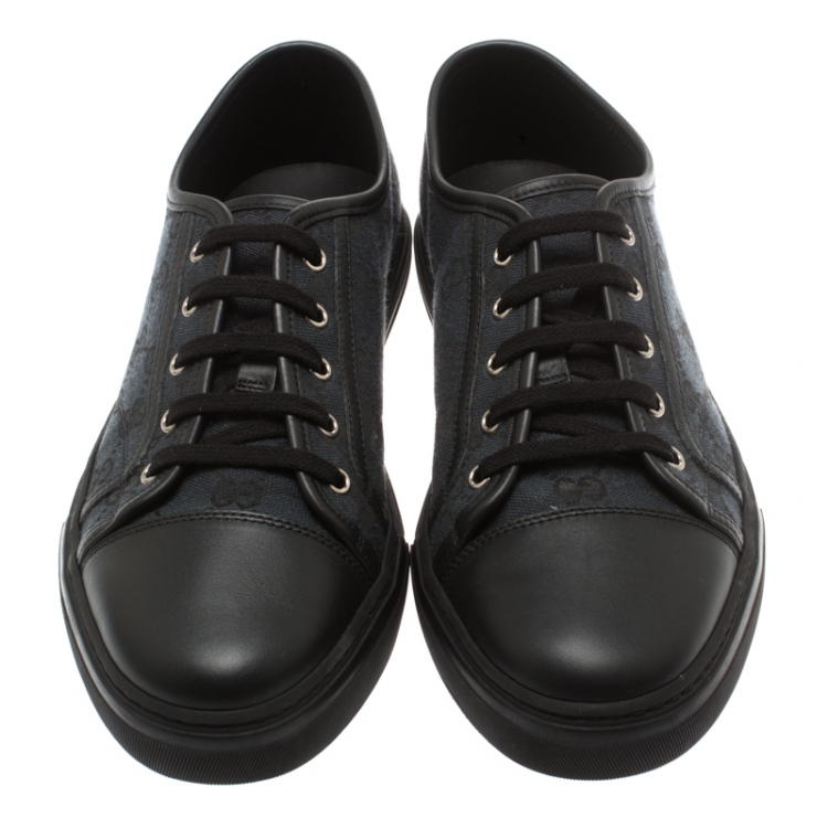 Pre Owned Gucci Black Leather And Guccissima Canvas Low Top Lace Up Sneakers Size 42