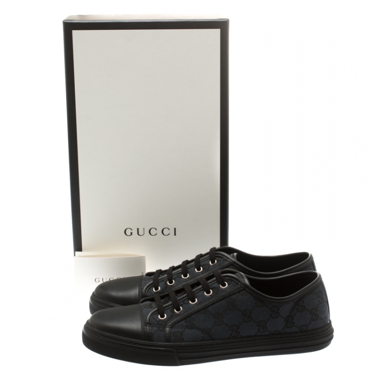 Pre Owned Gucci Black Leather And Guccissima Canvas Low Top Lace Up Sneakers Size 42