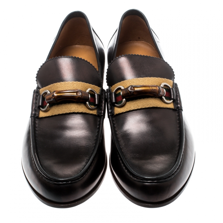 Pre Owned Gucci Brown Leather Bamboo Horsebit Slip On Loafers Size 44.5