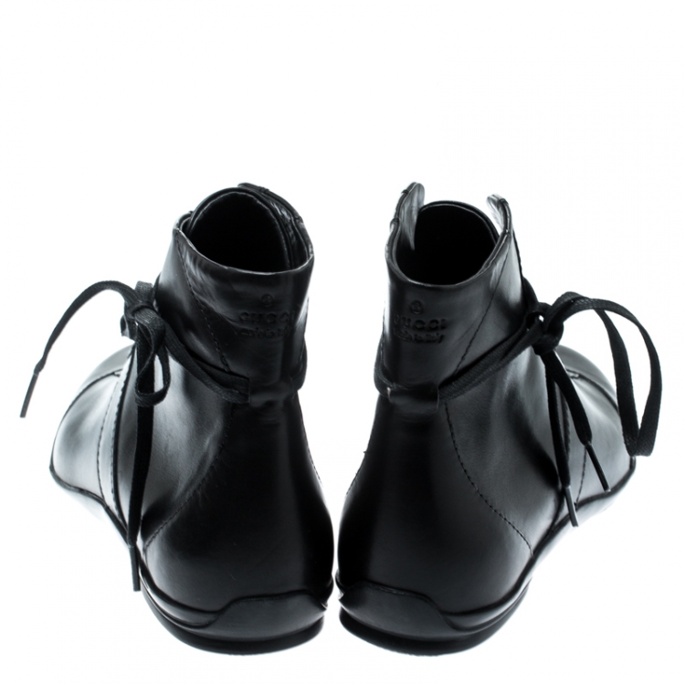 Pre Owned Gucci Black Leather Lace Up Ankle Boots Size 40.5