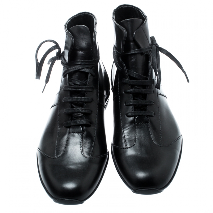 Pre Owned Gucci Black Leather Lace Up Ankle Boots Size 40.5
