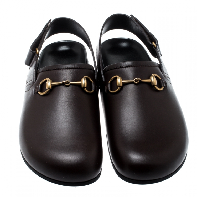 Pre Owned Gucci Brown Leather River Horsebit Slippers Size 42