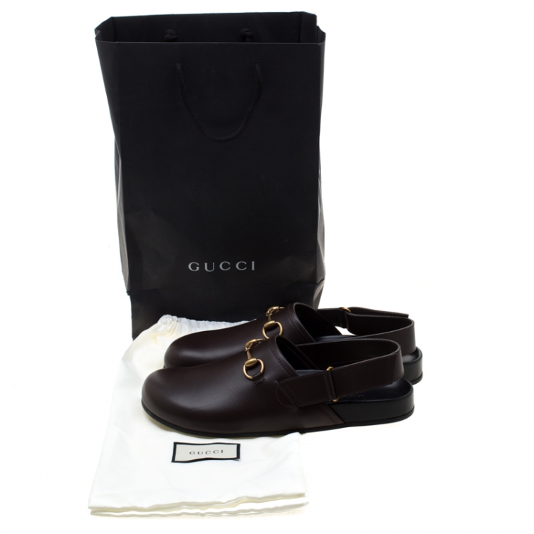 Pre Owned Gucci Brown Leather River Horsebit Slippers Size 43