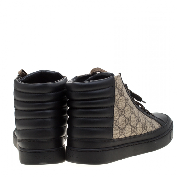Pre Owned Gucci Black Leather And GG Supreme Canvas High-Top Sneakers Size 42.5