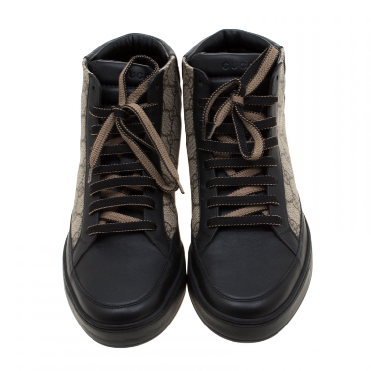 Pre Owned Gucci Black Leather And GG Supreme Canvas High-Top Sneakers Size 42.5