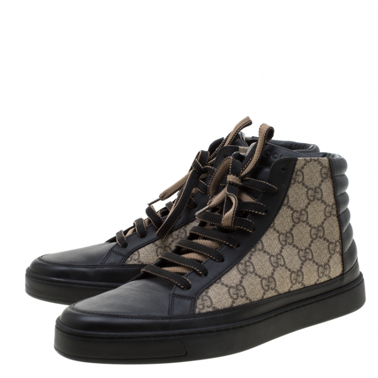 Pre Owned Gucci Black Leather And GG Supreme Canvas High-Top Sneakers Size 42.5
