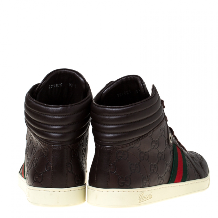 Pre Owned Gucci Brown Guccissima Leather Web Detail Lace High Top Sneaker Size 42.5