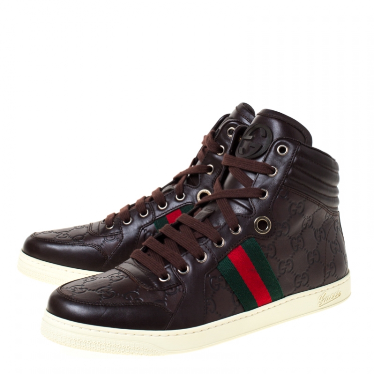 Pre Owned Gucci Brown Guccissima Leather Web Detail Lace High Top Sneaker Size 42.5