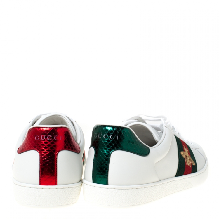 Pre Owned Gucci White Leather Ace Embroidered Bee Low Top Sneakers Size 42.5