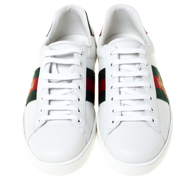 Pre Owned Gucci White Leather Ace Embroidered Bee Low Top Sneakers Size 42.5
