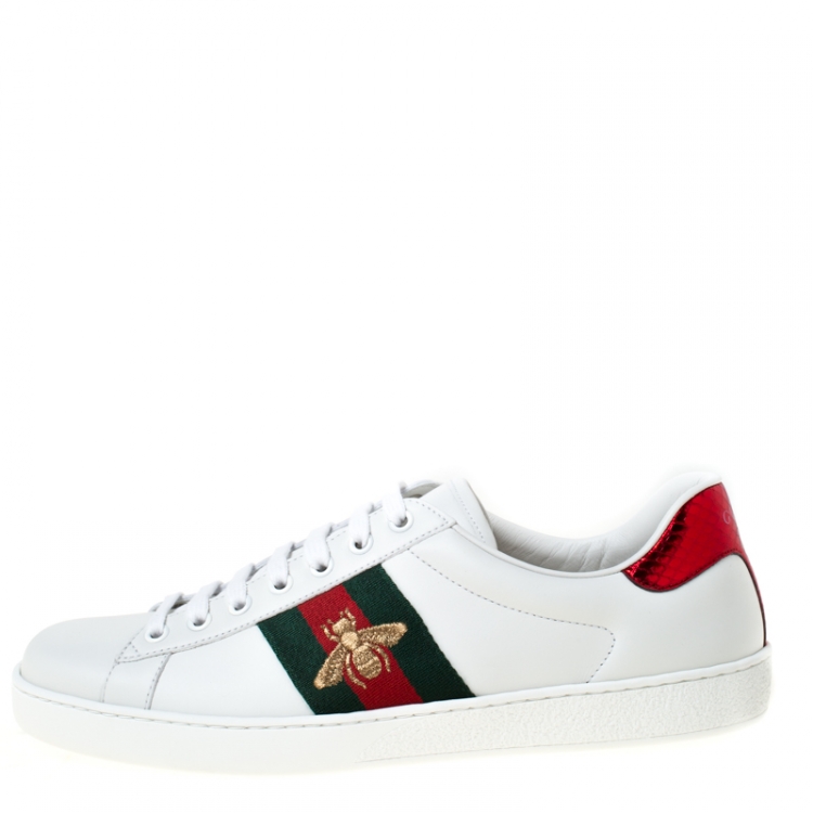 Pre Owned Gucci White Leather Ace Embroidered Bee Low Top Sneakers Size 42.5
