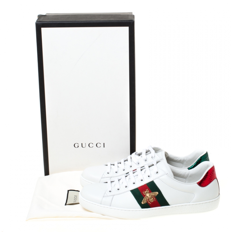 Pre Owned Gucci White Leather Ace Embroidered Bee Low Top Sneakers Size 42.5
