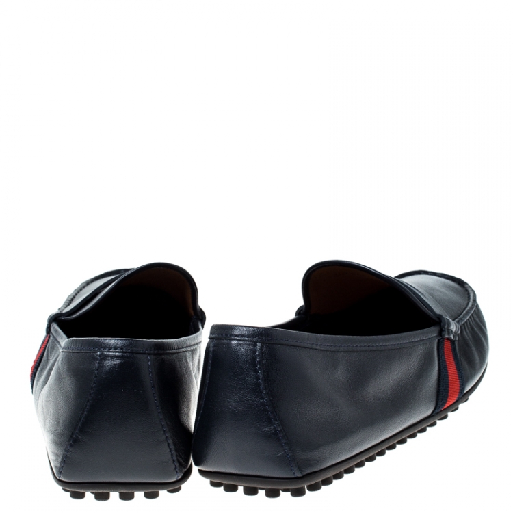 Pre Owned Gucci Blue Leather Web Penny Loafers Size 43