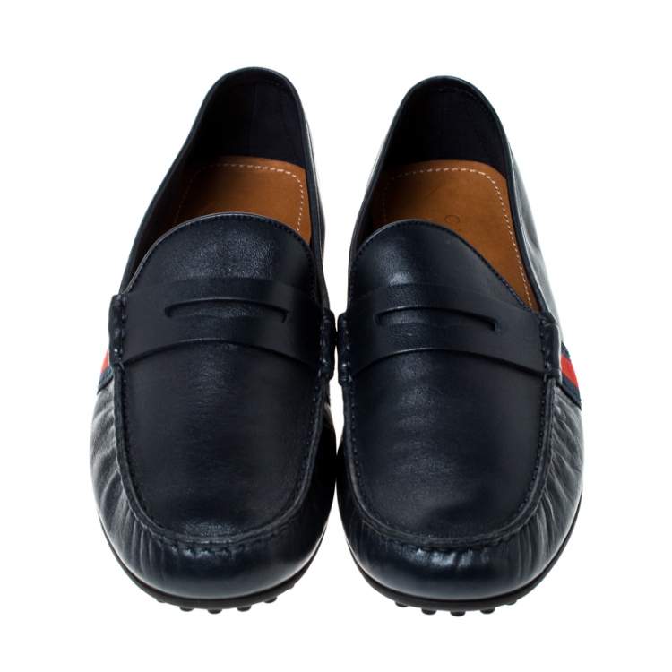 Pre Owned Gucci Blue Leather Web Penny Loafers Size 43