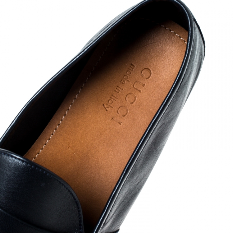 Pre Owned Gucci Blue Leather Web Penny Loafers Size 43