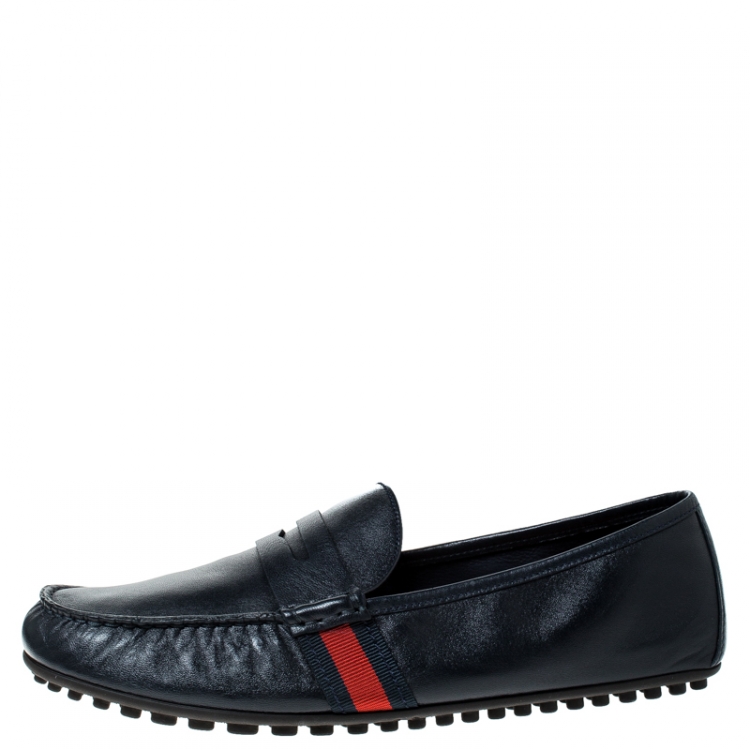 Pre Owned Gucci Blue Leather Web Penny Loafers Size 43