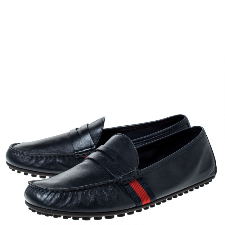 Pre Owned Gucci Blue Leather Web Penny Loafers Size 43