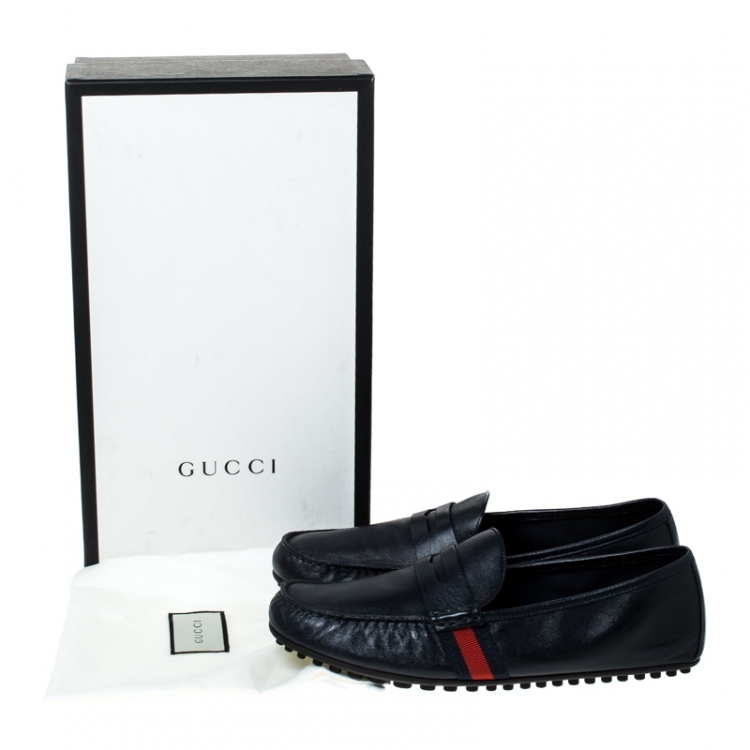 Pre Owned Gucci Blue Leather Web Penny Loafers Size 43