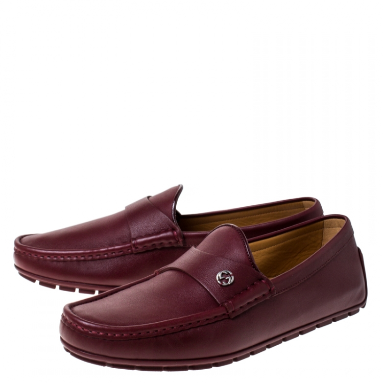 Pre Owned Gucci Burgundy Leather Slip On Loafers Size 42