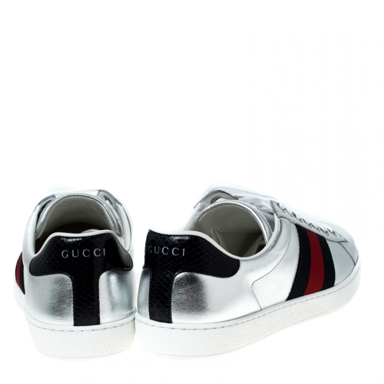Pre Owned Gucci Silver Leather and Python Trim Web Detail Ace Sneakers Size 40.5
