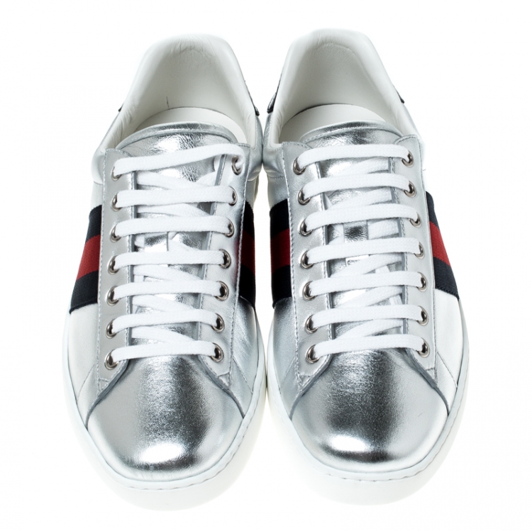 Pre Owned Gucci Silver Leather and Python Trim Web Detail Ace Sneakers Size 40.5