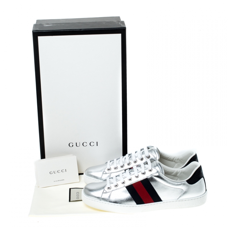 Pre Owned Gucci Silver Leather and Python Trim Web Detail Ace Sneakers Size 40.5