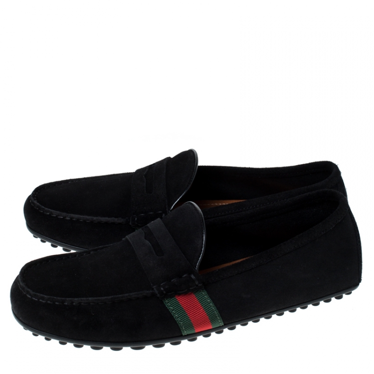 Pre Owned Gucci Black Suede Web Detail Slip On Loafers Size 40