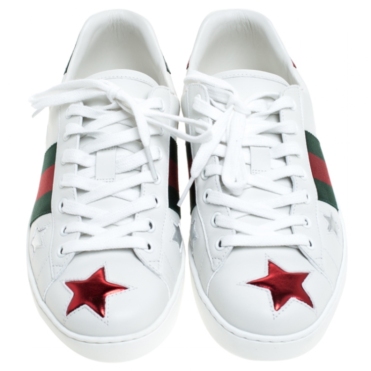 Pre Owned Gucci White Leather Ace Metallic Stars Low Top Sneakers Size 41