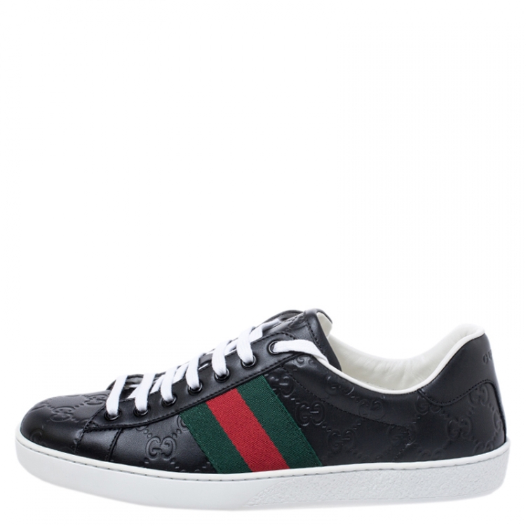 Pre Owned Gucci Black Guccissima Leather Web Detail Lace Up Sneakers Size 41.5
