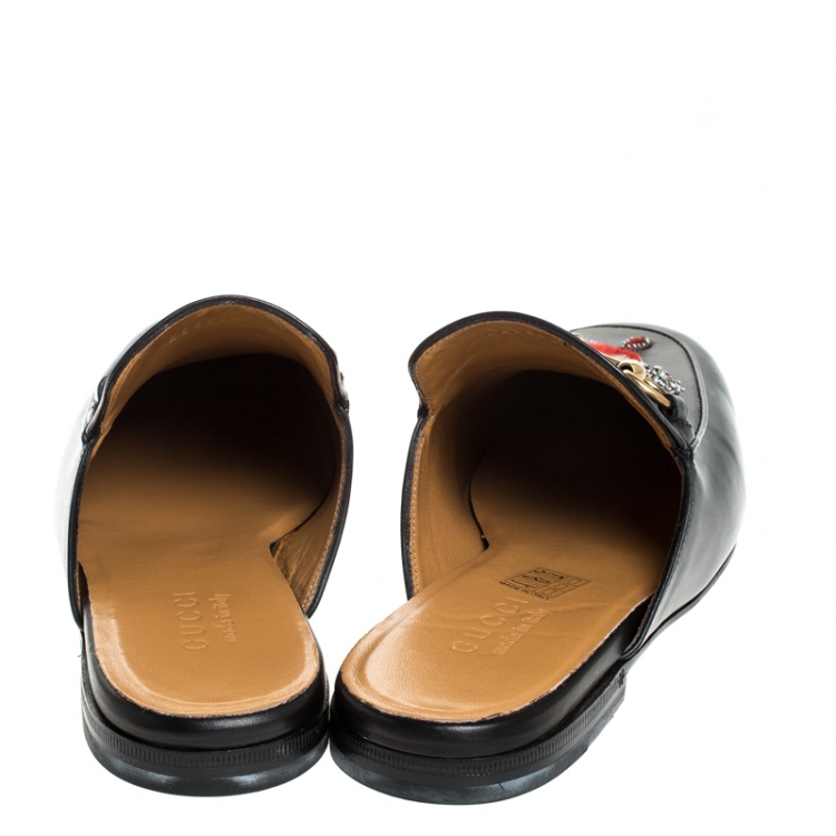 Pre Owned Gucci Black Leather Princetown Crystal Appliqué Mules Size 40