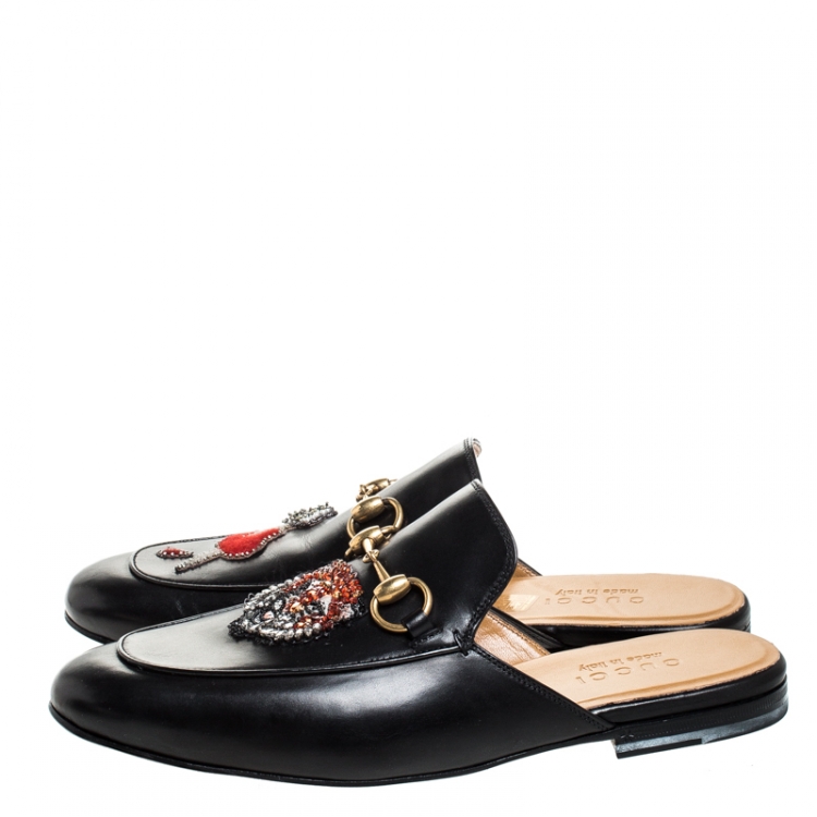 Pre Owned Gucci Black Leather Princetown Crystal Appliqué Mules Size 40