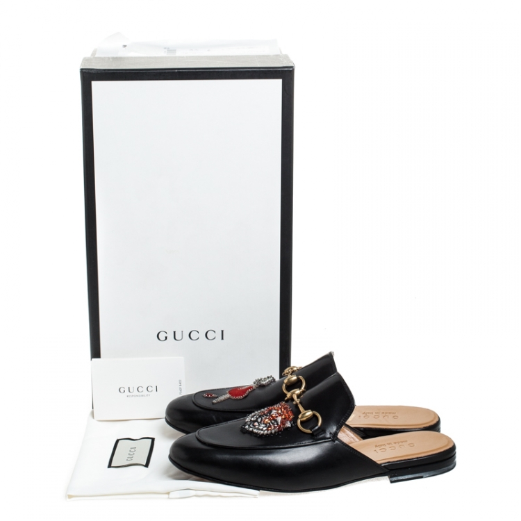 Pre Owned Gucci Black Leather Princetown Crystal Appliqué Mules Size 40