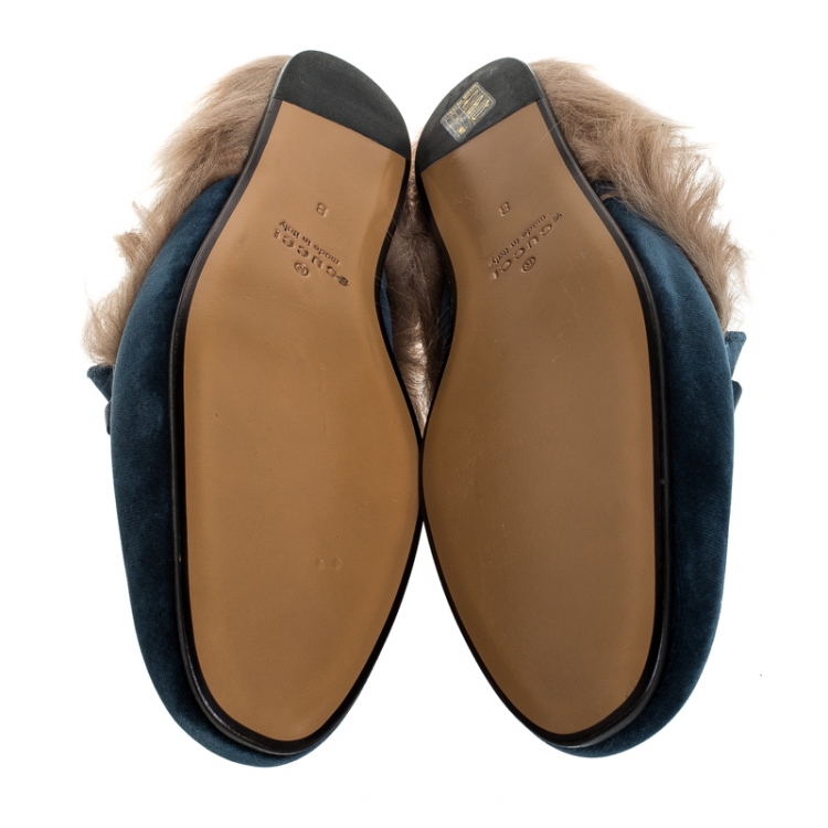 Pre Owned Gucci Blue Embroidered Velvet And Fur Princetown Horsebit Loafer Slides Size 42