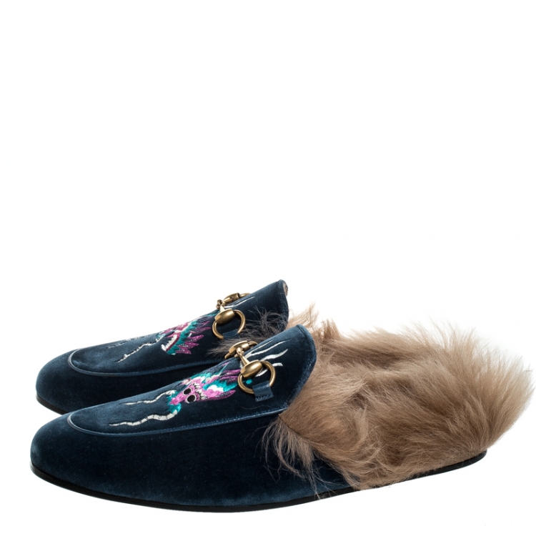 Pre Owned Gucci Blue Embroidered Velvet And Fur Princetown Horsebit Loafer Slides Size 42