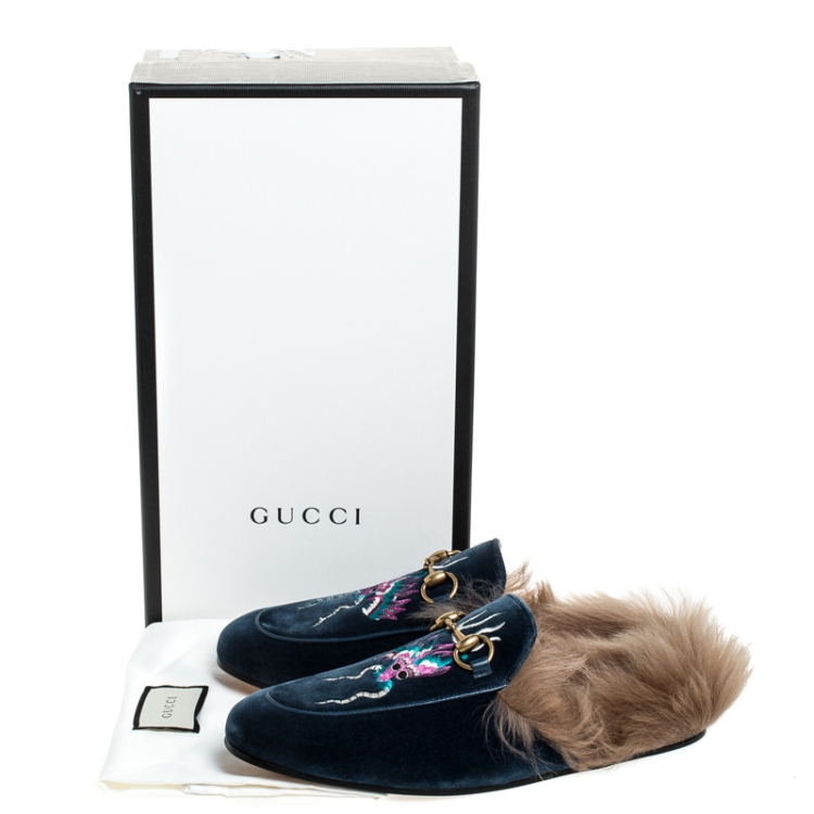 Pre Owned Gucci Blue Embroidered Velvet And Fur Princetown Horsebit Loafer Slides Size 42