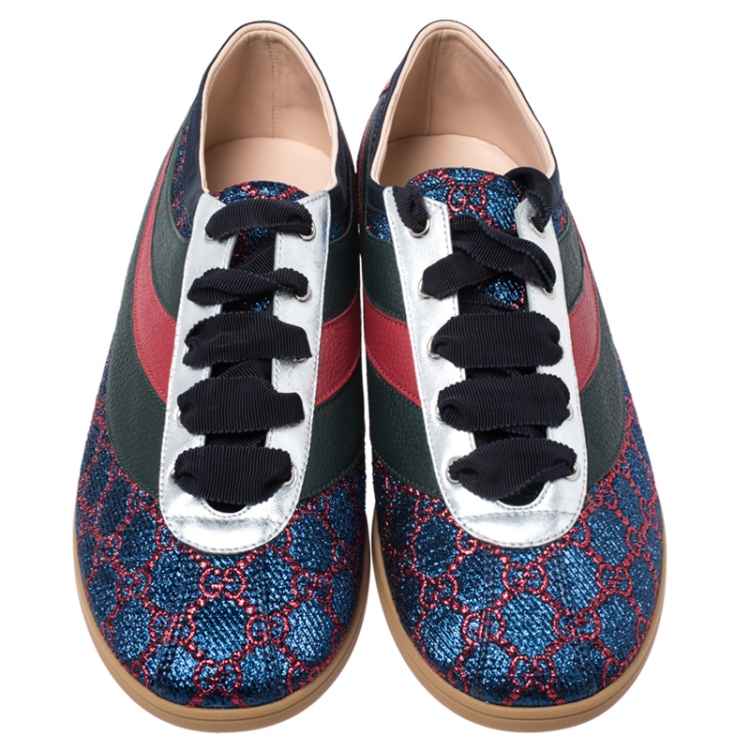 Pre Owned Gucci Multicolor Jacquard Fabric And Leather Web GG Low Top Sneakers Size 45