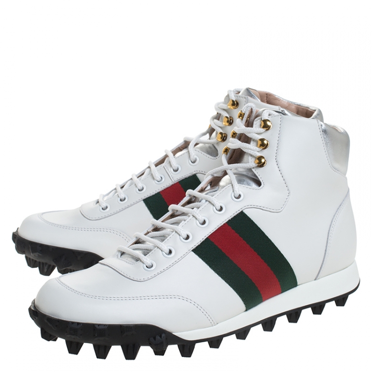 Pre Owned Gucci White Leather And Web Canvas High Top Sneaker Size 41.5
