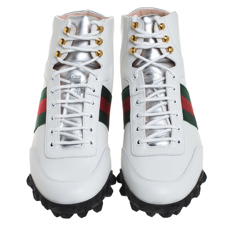 Pre Owned Gucci White Leather And Web Canvas High Top Sneaker Size 41.5