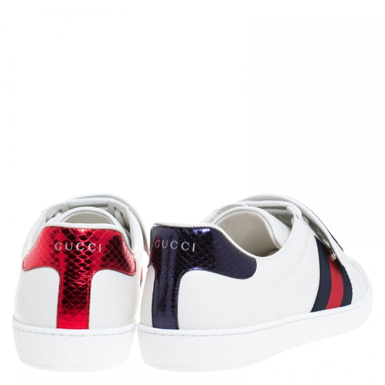 Pre Owned Gucci White Leather Ace Web Low Top Sneakers with Removable Patch Size 44.5 
