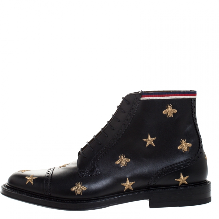 Gucci Black/Gold Embroidered Bee Star Leather Brogue Ankle Boots Size 44  Gucci | TLC