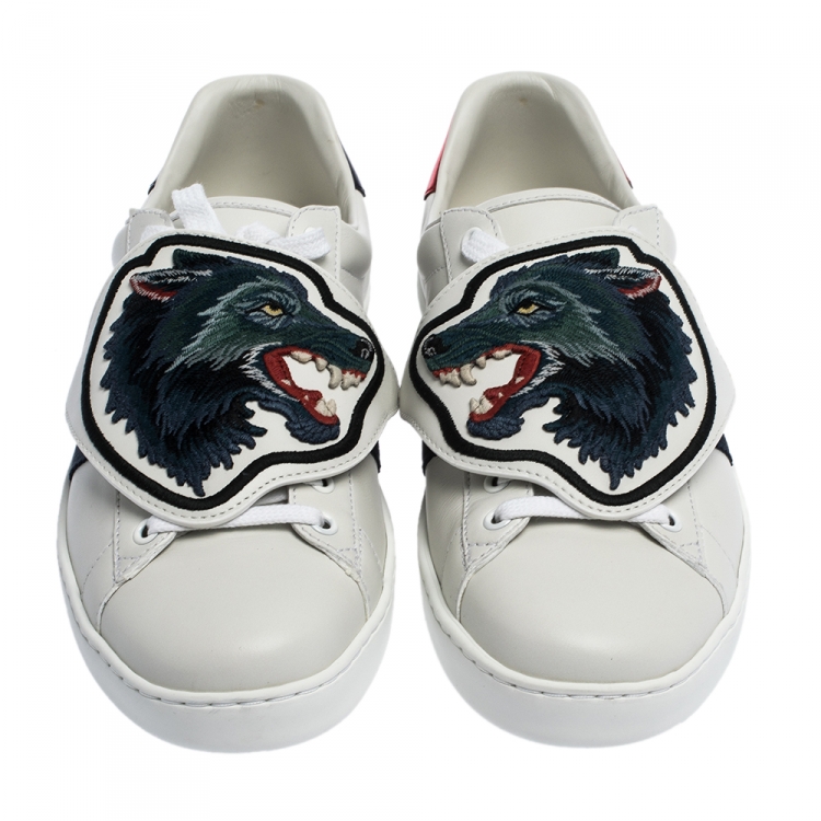 Pre Owned Gucci White Leather Ace Web Low Top Sneakers with Removable Patch Size 41