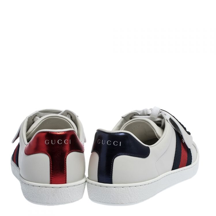 Pre Owned Gucci White Leather Ace Web Low Top Sneakers with Removable Patch Size 41