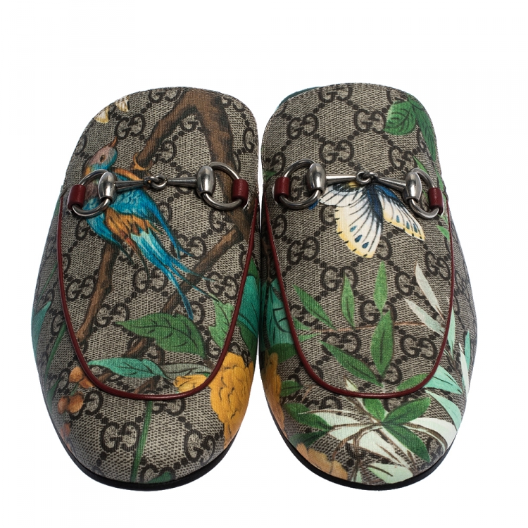 Pre Owned Gucci Multicolor GG Supreme Monogram Coated Canvas Tian Kolbo Princetown Flat Mules Size 42