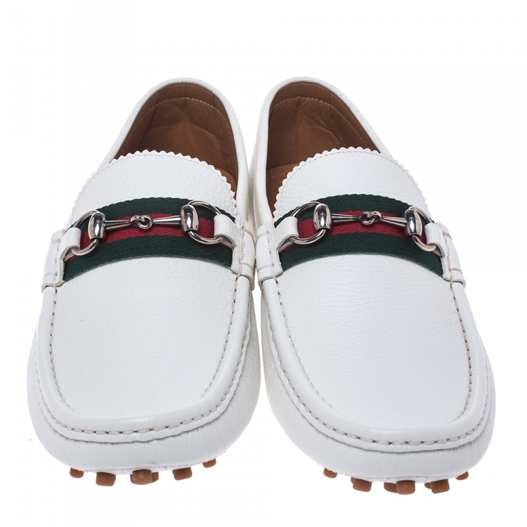 Pre Owned Gucci White Leather Horsebit Web Detail Driver Loafers Size 43