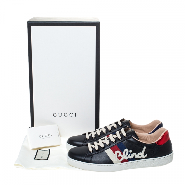 Pre Owned Gucci Black Leather Ace Web Detail Blind For Love Low Top Sneakers Size 42