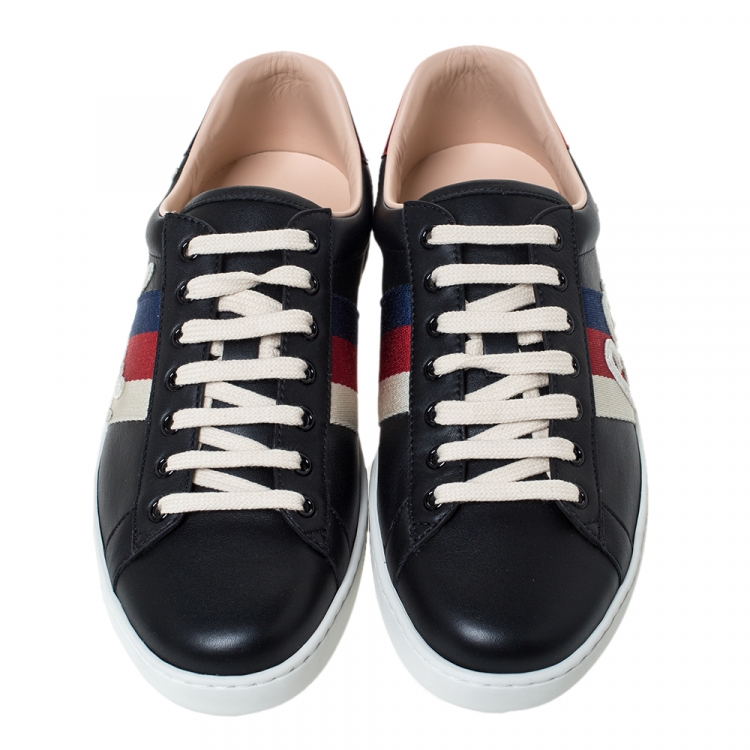 Pre Owned Gucci Black Leather Ace Web Detail Blind For Love Low Top Sneakers Size 42